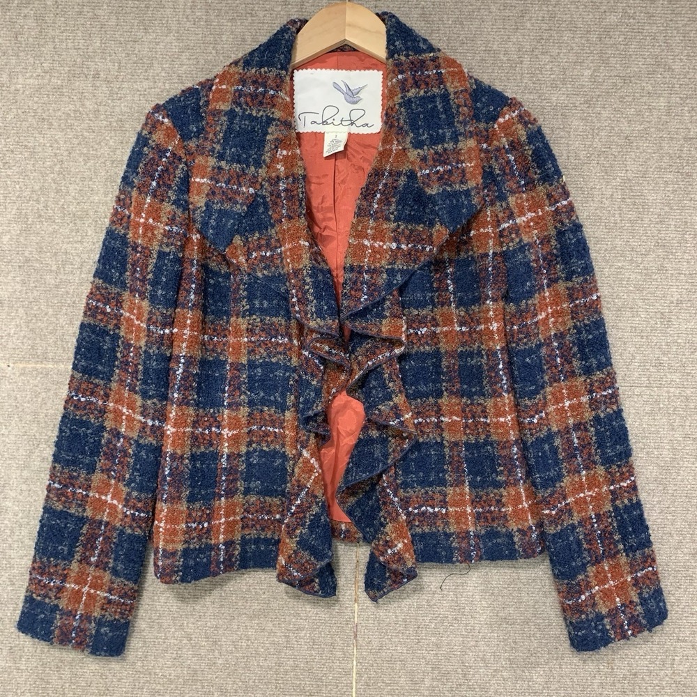 Anthropologie Tabitha Moretown Ruffle Front Boucle Plaid Cardigan Sweater Sz 2